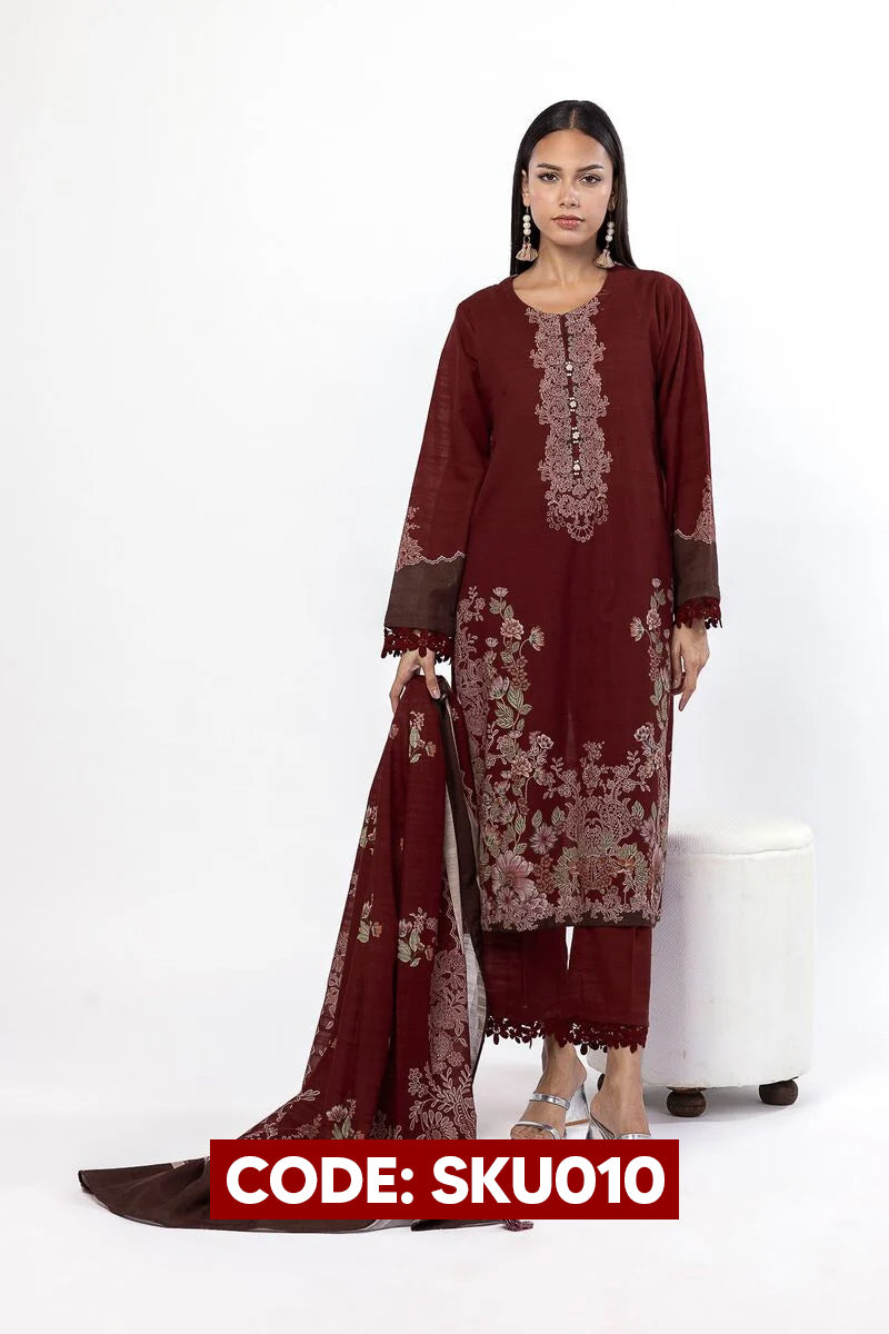 BUY ANY 2 STITCHED 3 PIECES KHADDAR EMBROIDERY SUITS